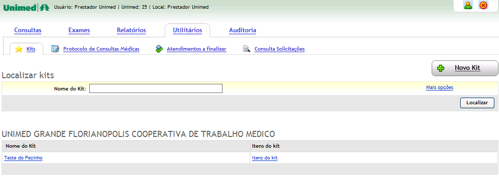 Kits Na aba Kits, é possível adicionar um novo kit, visualizar a lista de kits do local de atendimento e pesquisar por um kit.
