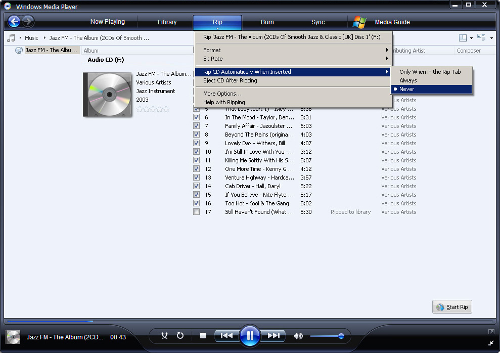 4 Insira o CD de Áudio no seu drive do computador. > Todas as faixas do CD são listadas. Por padrão, o Windows Media Player irá começar a converter todas as músicas do CD.