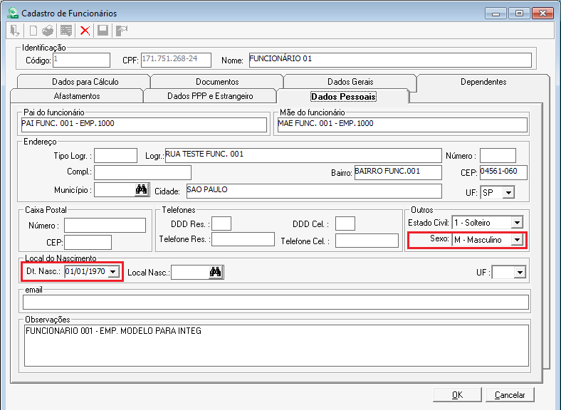 E por último, na aba de Dados Pessoais, deve ser informado a data de nascimento do funcionário e o sexo.