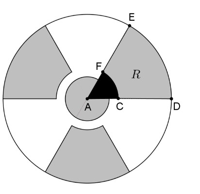 clineares e AB =, BC = e CD = 6 Cnsiderand as regiões que estã n interir da circunferência externa, calcule a razã entre as áreas das regiões smbreada e nã smbreada A circunferência externa está