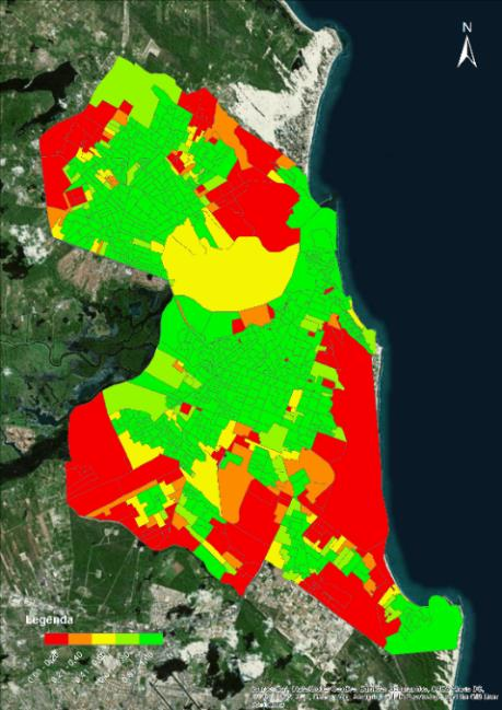 As Figuras 11, 12, 13 e 14 apresentam imagens dos setores censitários e dos bairros de Natal divididos por níveis de acessibilidade de 0% até 100%, divididos em cinco fases de 20%, em que a melhor