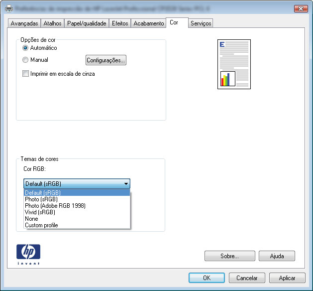 Ajustar a cor Gerencie a cor alterando as configurações na guia Cor no driver da impressora. Alterar o tema de cores de um trabalho de impressão 1.