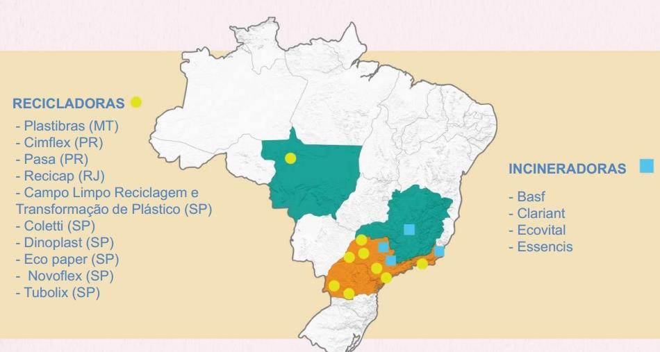 Fonte: inpev (2014). Pode-se perceber através da imagem a concentração das empresas responsáveis pela reciclagem e incineração das embalagens na região Sudeste do Brasil.