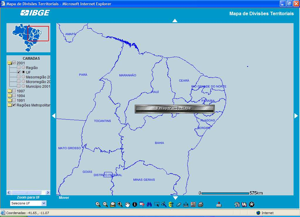 Figura 3.12 - Web site do IBGE, servidor de mapas (www.ibge.gov.br) Uma alternativa à transmissão de imagens é a transmissão de objetos geográficos com representação vetorial.