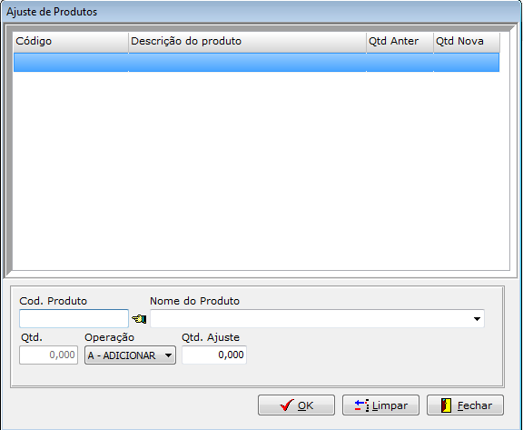 Em Cod. Produto informe o código do produto que será ajustado e pressione a tecla Enter.