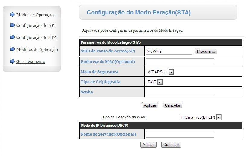 Em Configuração STA teremos a seguinte tela: Para Iniciarmos a configuração do NX Wifi como