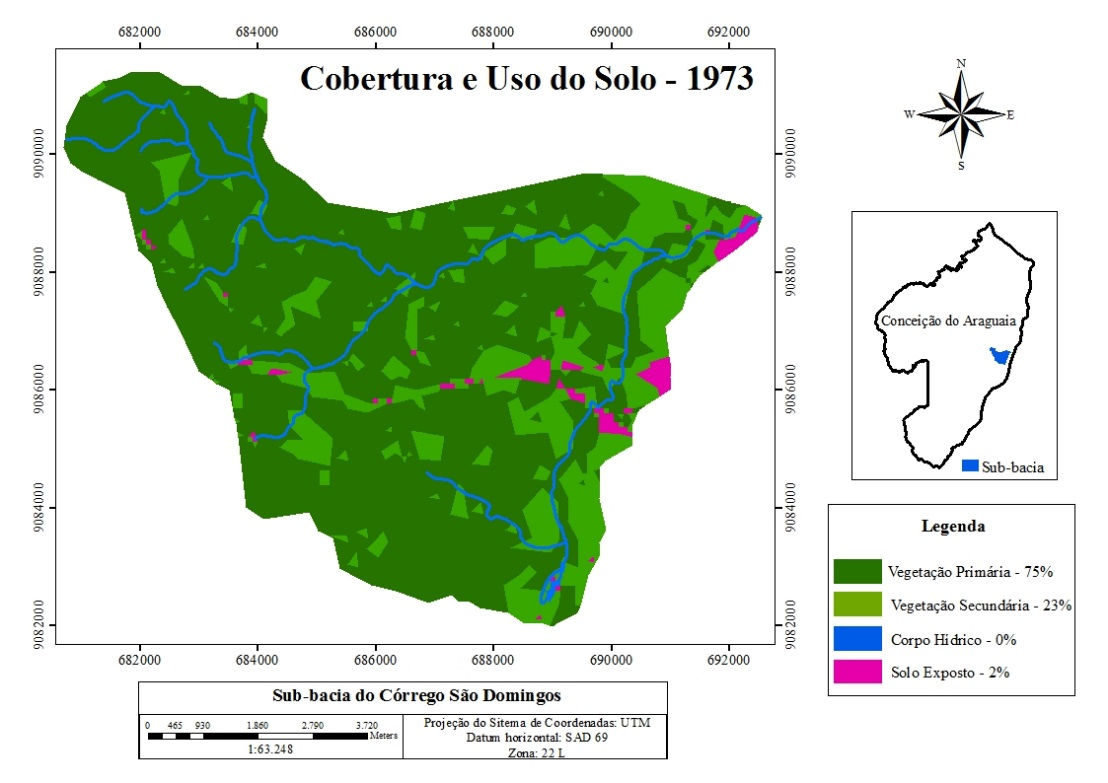 (compreendendo a vegetação mais densa, levando em conta as formas mais irregulares e a tonalidade de verde mais escuro na imagem), vegetação secundária (considerando a vegetação em estágio inicial e