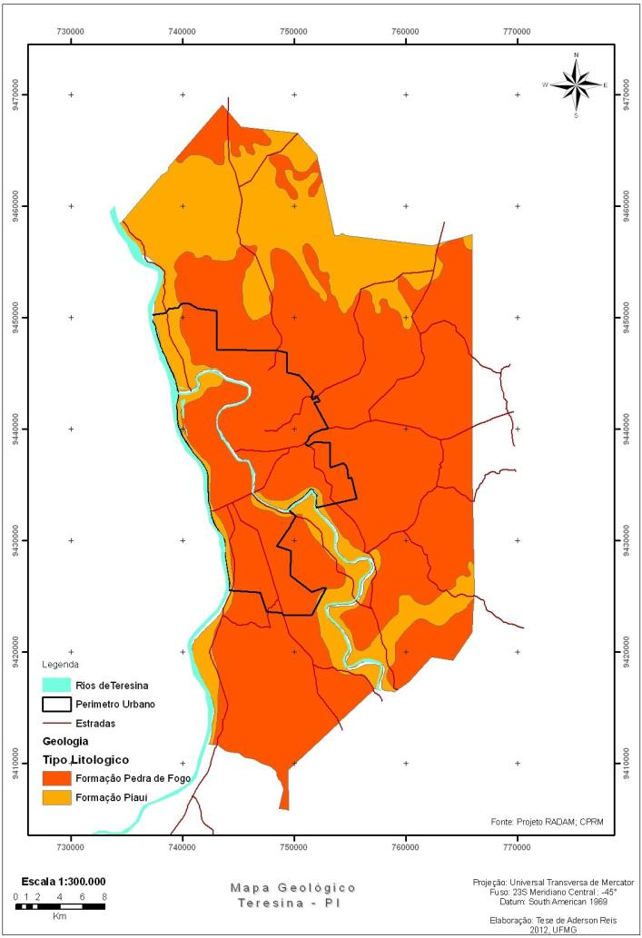 com maior frequência nos trechos planos do Município, notadamente numa faixa paralela ao Rio Parnaíba, com uma largura média de 10 km. (Figura 3). Figura 3 - Mapa Geológico de Teresina-PI.