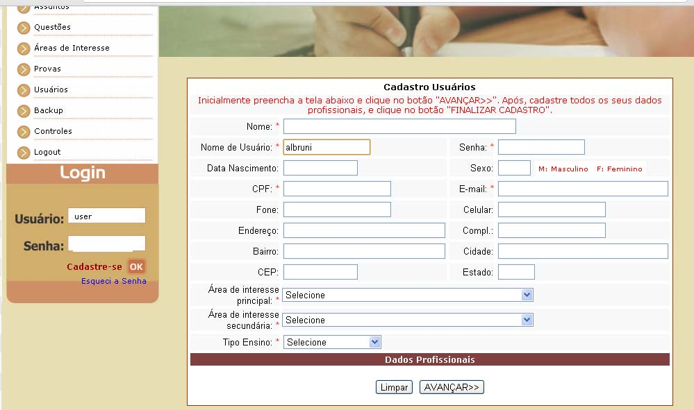 Figura 5. Informações para cadastro do usuário.