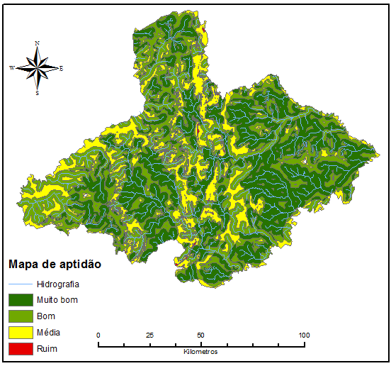 A ponderação ficou dividida da seguinte maneira: 40% (declividade), 20% (solos) e 40% (rios). Figura 1.