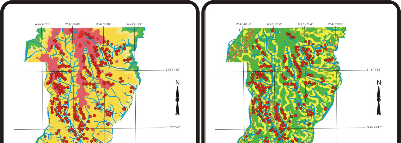 topos convexos; o compartimento com amplitude de 910 a 1010m corresponde às superfícies de topo tabular onde ocorrem o Grupo Bambuí e as Coberturas Terciárias- Quaternárias; O compartimento com cotas