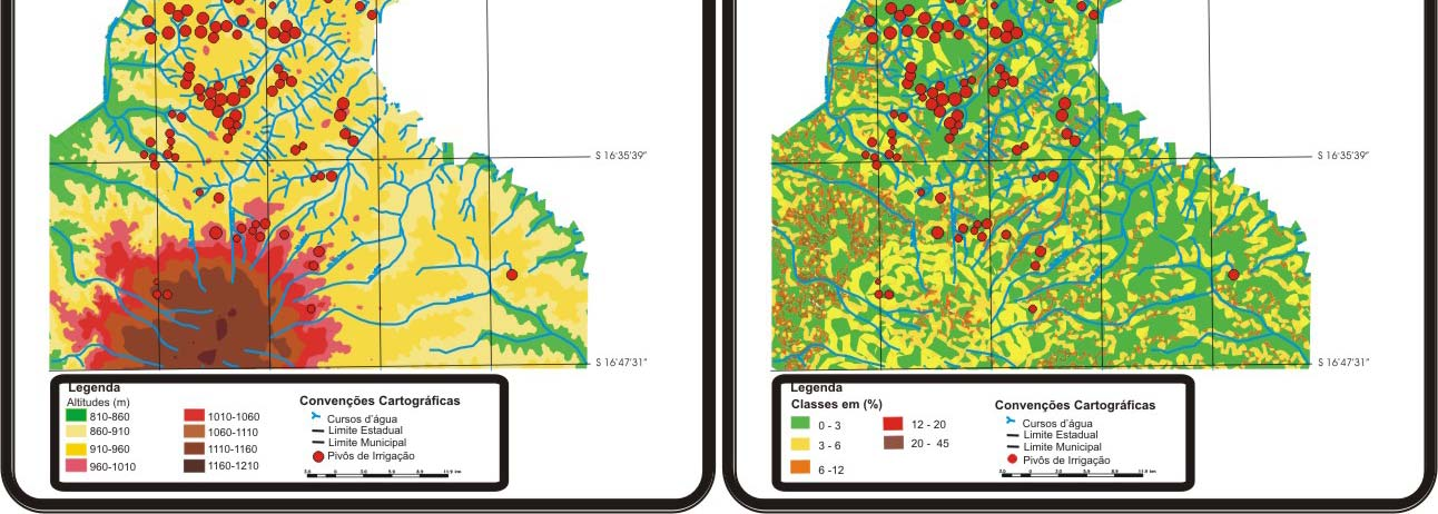 Verifica-se que os pivôs de irrigação concentram-se nas altitudes de 910 a 1010 metros com declividades variando de 3 a 6%, conforme pode ser observado nas figuras 7 e 8.