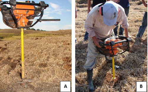 A utilização desse equipamento não é recomendada em solos pedregosos. Figura 19 Aspecto de uma motocoveadora (A) e abertura de berço com motocoveadora (B).