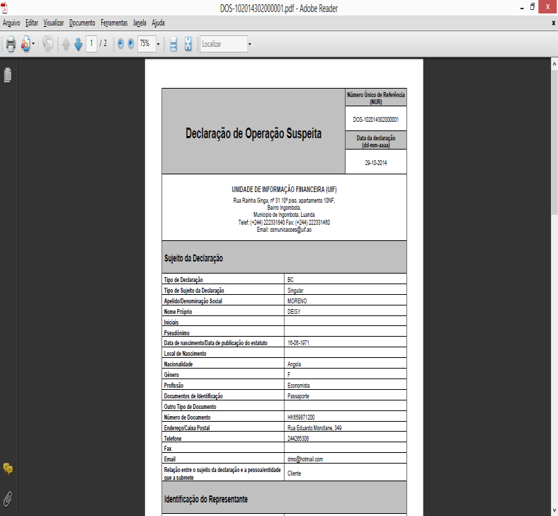 Figura 57 Declarações/Consultar/Imprimir Se optar por Abrir, os detalhes da declaração são apresentados em formato PDF e pode imprimir a partir dessa página, conforme se pode visualizar na figura