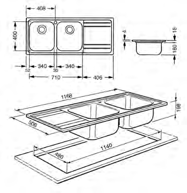 LE116S Lava-louça Série Classica, 116x50 cm, aço inox Série Classica em aço inox 2 cubas: 35x40 + 35x40 cm Profundidade das cubas: 18 cm