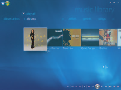 Reprodução de Arquivos de Música na Música Ao abrir pela primeira vez o Windows Media Center, selecione Música e clique na biblioteca musical, você encontrará alguns álbuns de música e faixas