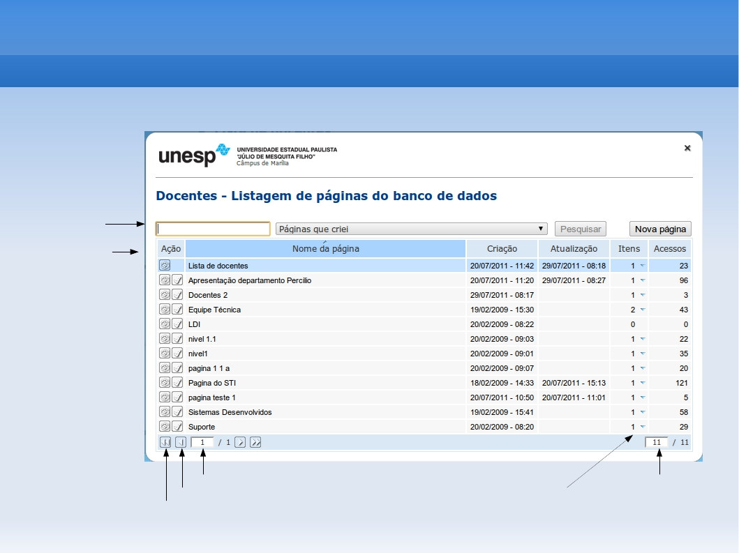 Listagem de páginas do banco de dados Opções de pesquisa de Páginas Opções