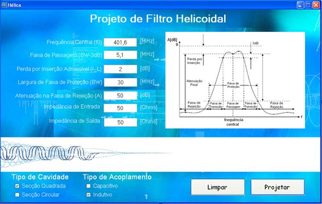 40 4 Projeto do Filtro Helicoidal Como recurso auxiliar para o projeto do filtro helicoidal, foi desenvolvido pelo aluno Fábio Domingues Caetano um software para tornar esse processo mais fácil e