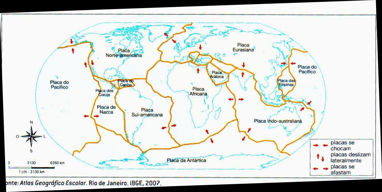 06- Observe essa imagem e responda: Fonte: Atlas Geográfico Escolar. Rio de Janeiro. IBGE, 2007. a) Por que no Brasil, praticamente não ocorrem terremotos?