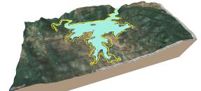 Figura 3. Imagens 3D das estimativas do espelho d água do projeto da Barragem Retiro. Cota 322 Cota 327 Cota 332 Cota 337 Cota 342 Cota 347 Cota 352 Cota 355 Dias et al.