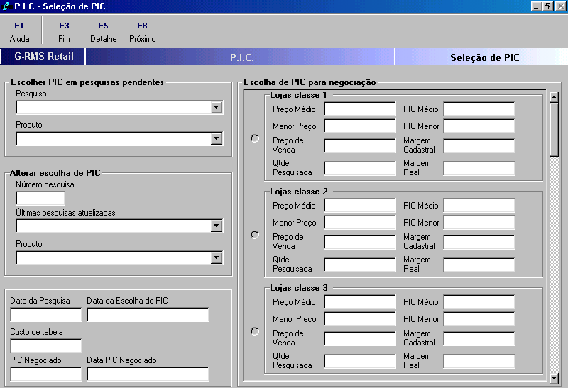Seleção de PIC Permite ao usuário selecionar o preço ideal de compras (PIC) para a negociação com fornecedor, a seleção é efetuada por classe de lojas.