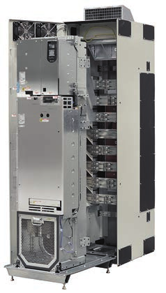 Inversor e opções IP54, NEMA Tipo 12 (gabinete em estilo CCM 2500) (mostrada a carcaça 9) inclui: Afogador do indutor CC, fusíveis de linha CA integrados e projeto prático, capota