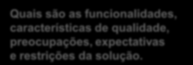 preocupações, expectativas e restrições da solução.