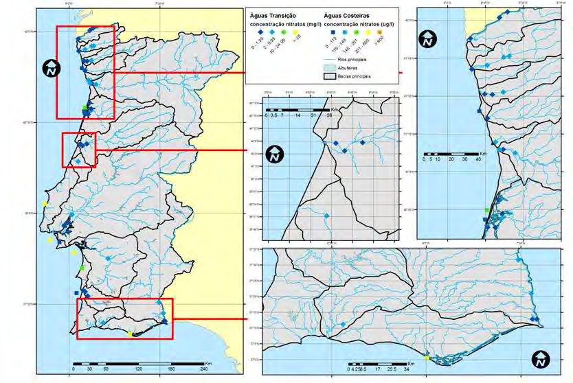 ÁGUAS TRANSIÇÃO Monitorização 42 estações - transição 10 estações - costeiras Águas de Transição CLASSES DE QUALIDADE - Continente Concentração (mg NO3/L) (Período 2008-2011) % Estações 0-1.99 2-9.