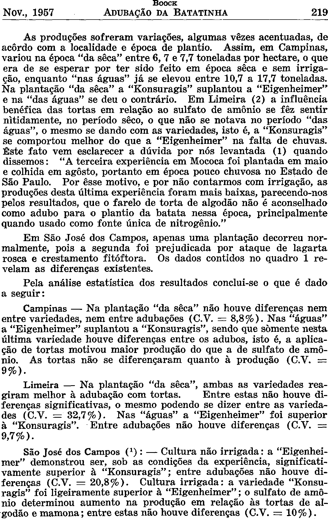 Nov., 1957 BOOCK ADUBAÇÃO DA BATATINHA 219 As produções sofreram variações, algumas vezes acentuadas, de acordo com a localidade e época de plantio.
