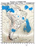 5x10-6 s -1, as áreas azuis representam a precipitação superior a 10 mm/dia, as setas marrons representam o vento (m/s) e a seta verde indica a posição