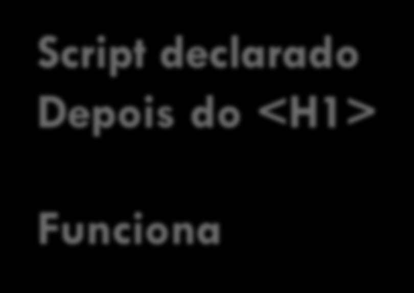 Eventos <body> <h1 id="texto">html</h1> Script declarado Depois do <H1> Funciona <script> var e = document.