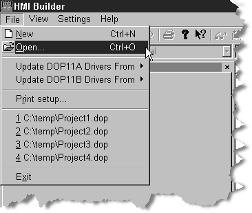 Operação e manutenção Transferir projetos com PC e HM-Builder 6 3. Com a função [File] / [Open], abrir o arquivo de projetos que deseja carregar na nterface Homem Máquina.