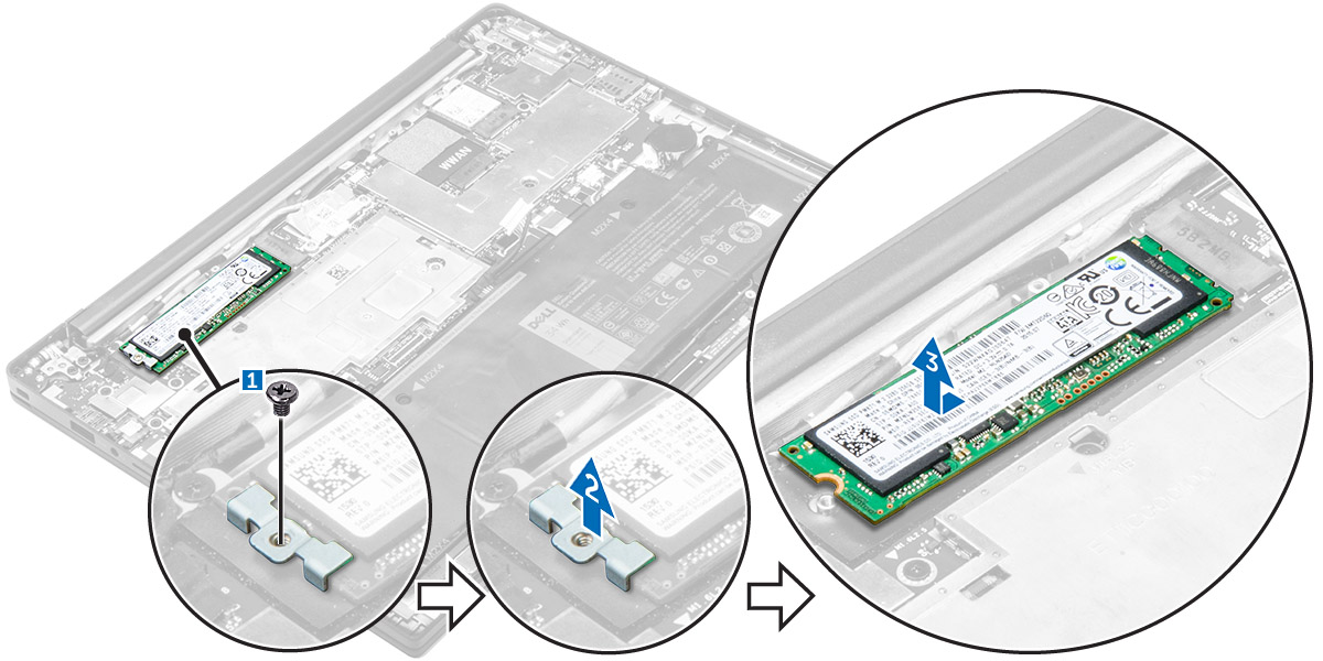 4. Para remover a SSD: a. Retire cuidadosamente a folha de alumínio até a linha de dobra. b. Remova o parafuso que prende a SSD ao computador [1]. c. Remova o suporte da SSD [2]. d. Remova a placa térmica de cobre.