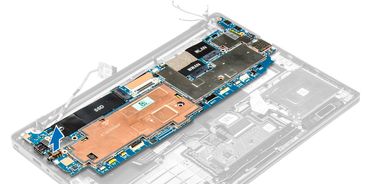 5. Levante a placa de sistema do computador. Instalar a placa de sistema 1. Alinhe a placa de sistema com os suportes de parafuso no computador. 2.