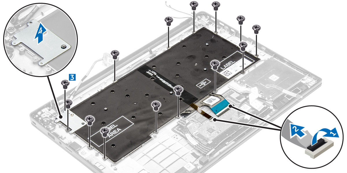 a. tampa da base b. bateria c. SSD d. placa WLAN e. placa WWAN f. bateria de célula tipo moeda g. tela h. placa de sistema 3. Para remover o teclado: a.