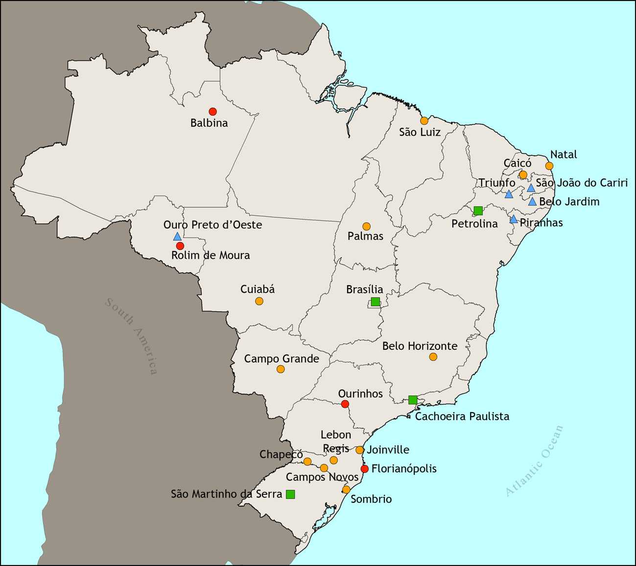 Figura - Distribuição geográfica das estações da rede SONDA pelo território brasileiro.