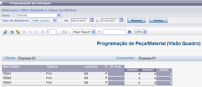 Visão Quadro: exibe os dados da Programação de Entregas em uma visão cross tab, dispondo os itens na vertical e as datas de entrega na horizontal,