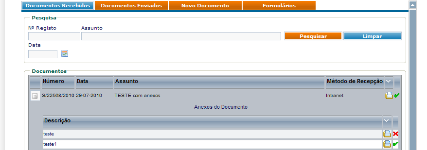 O GESDOClite permite ainda consultar os documentos em anexo ao documento principal. Para efectuar este tipo de consulta deve premir o botão que apresenta os respectivos documentos anexos.