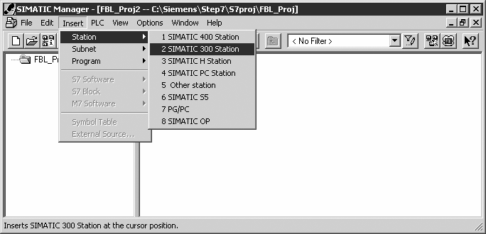 Inserindo o módulo (STATION 300) Como mostrado na figura, devemos clicar no Menu de funções superior o botão Insert e em seguida selecionar o item Station, onde será aberto um novo menu com todas as