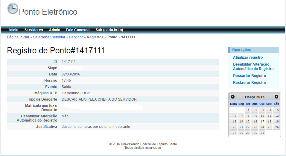 Esta opção deve ser usada em caso de interrupção de férias, se o SREP descartar os registro do período de férias interrompidas.