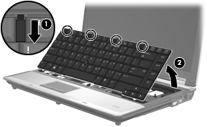 10. Levante cuidadosamente a borda superior do teclado (2) e incline-o até que repouse no apoio de mão do computador. 11. Remova o módulo de memória: a.