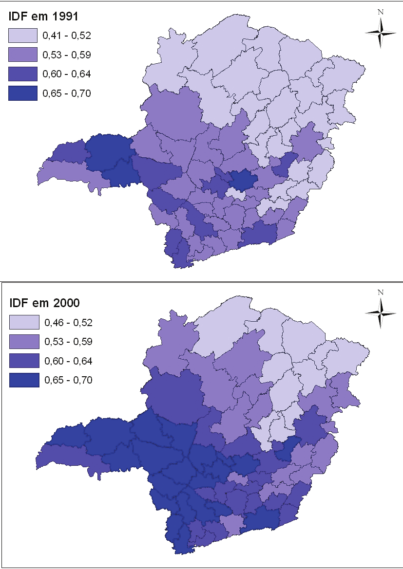 Figura 2 Divisão das microrregiões do Estado de Minas Gerais por estratos do IDF, 1991 e 2000. Fonte: elaboração dos autores a partir dos dados da pesquisa.