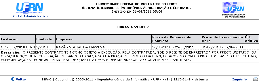 2.7 OBRAS QUE FISCALIZA VENCIDAS Permite que o fiscal de obras visualize um relatório contendo a lista de