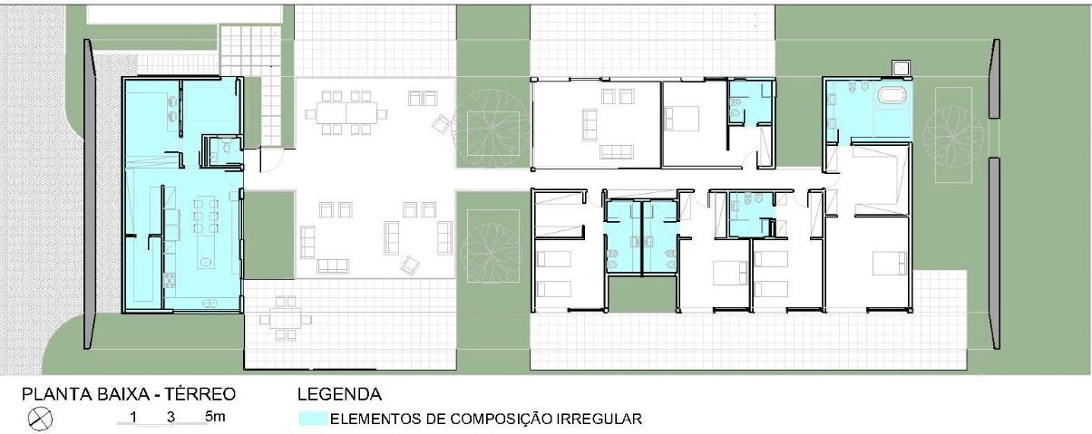 Os elementos de composição irregulares, aqueles como dimensões não repetidas, estão dispostos tanto no volume que abriga a área de serviços, a cozinha e o lavabo, como no caso específico dos