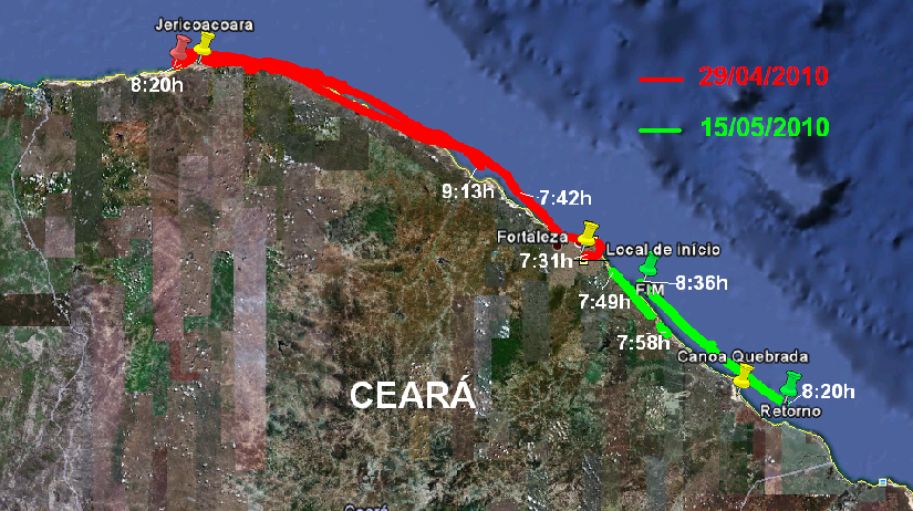 FIGURA 1 - Trajetória do voos de 29 de abril e 15 de maio de 21. Adaptado de Google Earth.