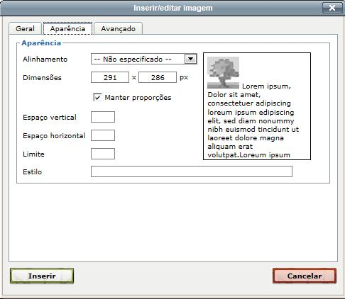 monitor. Figura 12 Clique no separador Aparência para escolher o alinhamento da imagem relativamente ao texto, definir suas dimensões e as margens laterais.