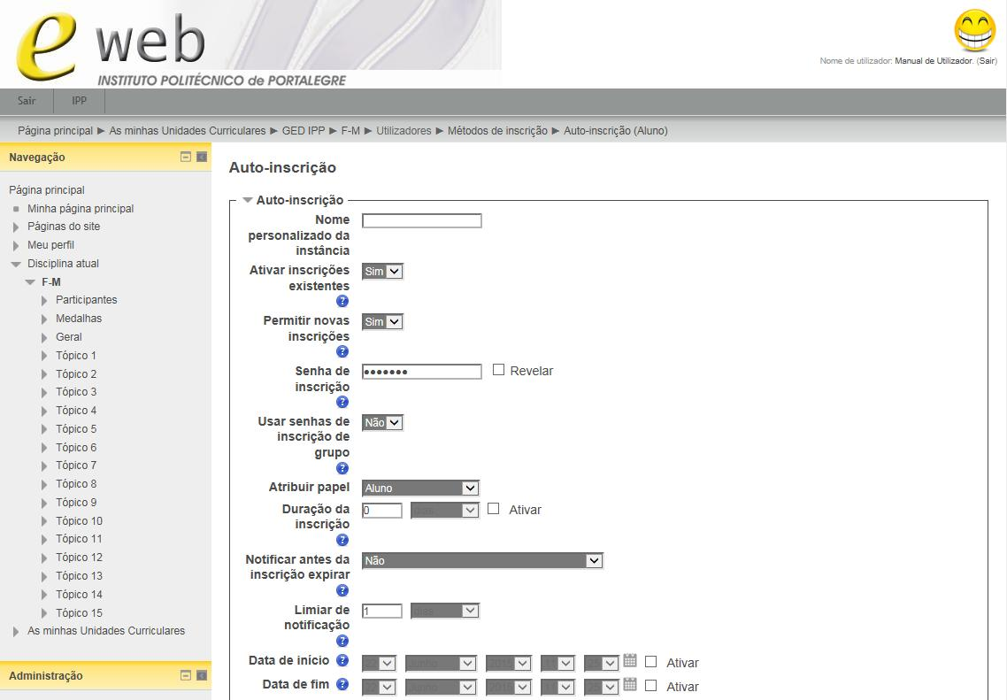 Na ligação Utilizadores>Métodos de inscrição>auto-inscrição (estudante), deve expandir os itens clicando no