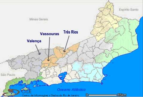 3. MATERIAL E MÉTODOS 3.1. Animais estudados Procedeu-se a coleta de 769 soros de eqüino dos municípios de Três Rios (n=431), Vassouras (n=316) e Valença (n=22) do estado do Rio de Janeiro (Figura 1).