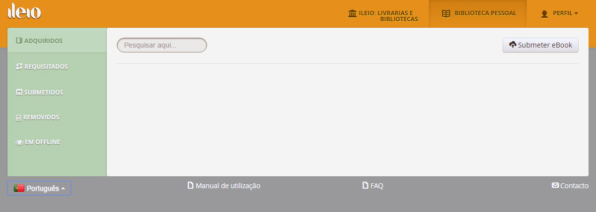 Funcionalidades Após a credenciação (login), a plataforma disponibiliza todos os serviços necessários para que possa: Ler ebooks Gerir a biblioteca Submeter ebooks a partir do seu dispositivo móvel