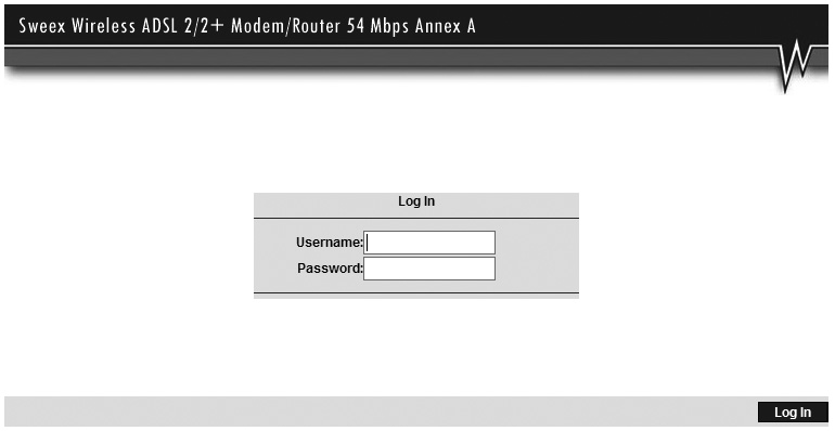 Em seguida aparecerá a janela de login do modem. Introduza aqui o nome de login e a palavra-chave respectiva. O nome de login padrão é sweex e a palavra-chave respectiva é mysweex.